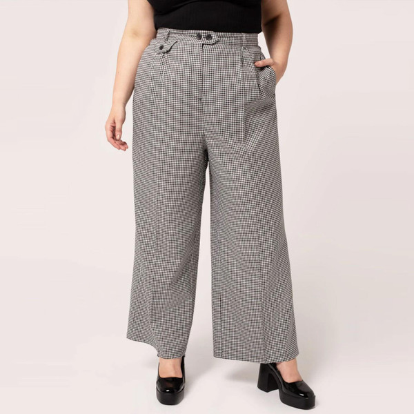 Hell Bunny Teddy Houndstooth Wide Leg Retro 40s Women's Trousers in Black/White