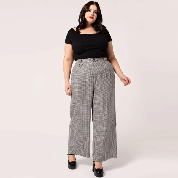 Hell Bunny Teddy Houndstooth Wide Leg Retro 40s Women's Trousers in Black/White