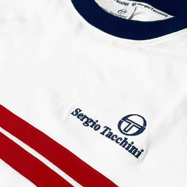 Sergio Tacchini New Supermac Retro 80s Stripe T-shirt in White and Adrenaline Rush Red
