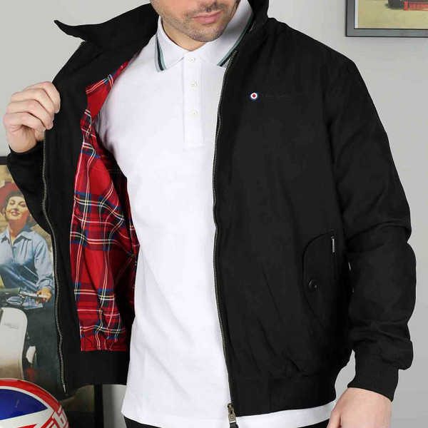 Man wearing Lambretta Shower Resistant Harrington Jacket in Black