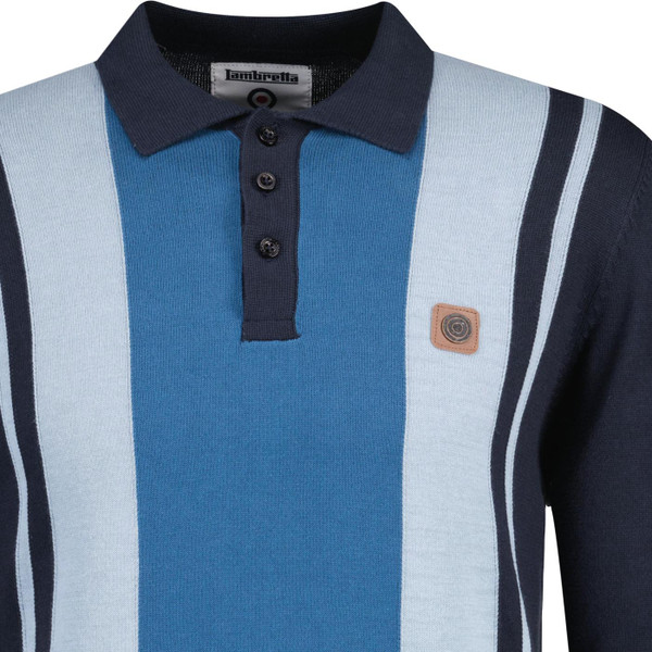 lambretta mens long sleeve vintage vertical panels polo top navy blue