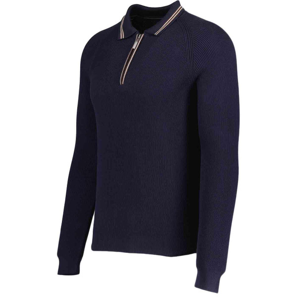 Guide London 60s Mod Ribbed Knit Zip Neck Polo Shirt in Navy