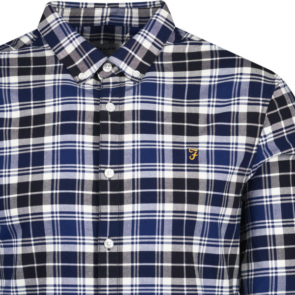 farah vintage mens brewer mod slim fit check oxford long sleeve shirt blue