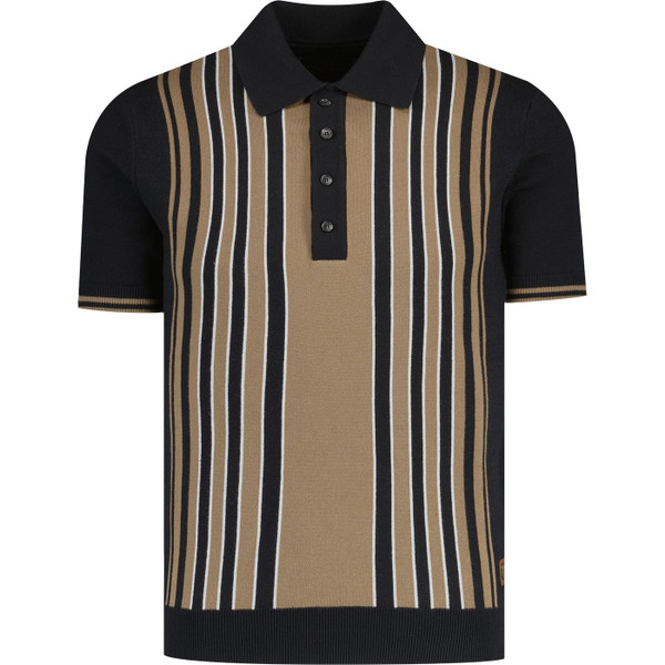 trojan records clothing mens vertical stripes front panel knitted mod polo tshirt brown