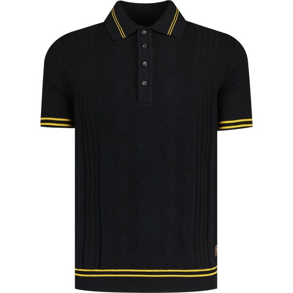 trojan records clothing mens retro pointelle knit mod tipped polo tshirt black