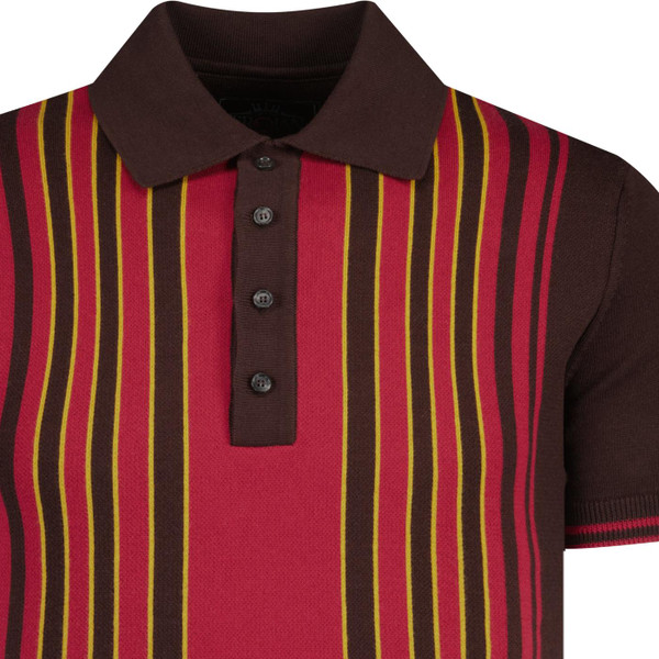 trojan records clothing mens vertical stripes front panel knitted mod polo tshirt chocolate