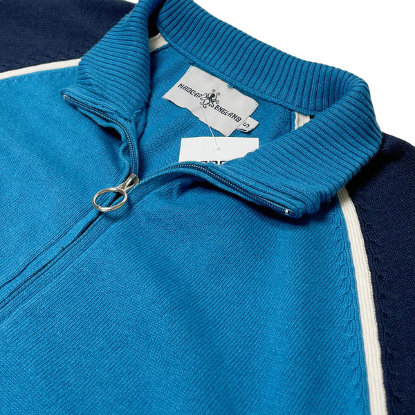 Madcap England Fuller Retro 1970s Knitted Track Top in Celestial Blue