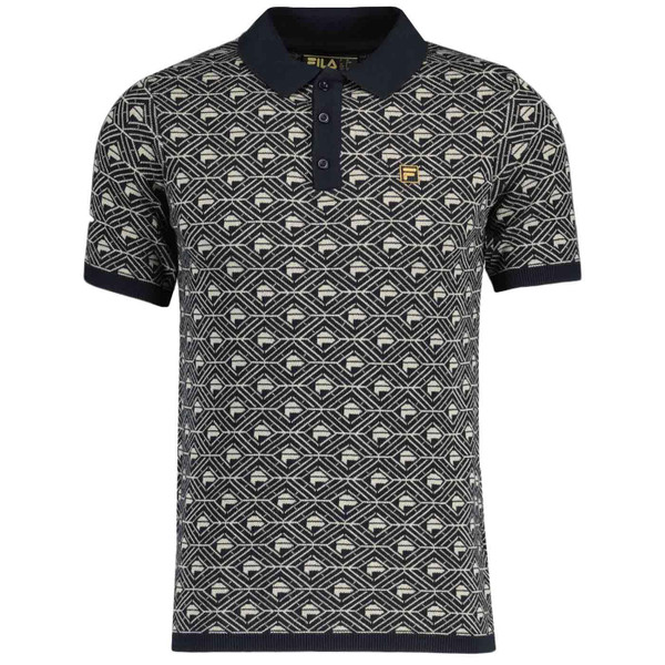 Fila Gold Zano Mod Geometric Pattern Knitted Polo Shirt in Black and Abbey Stone 