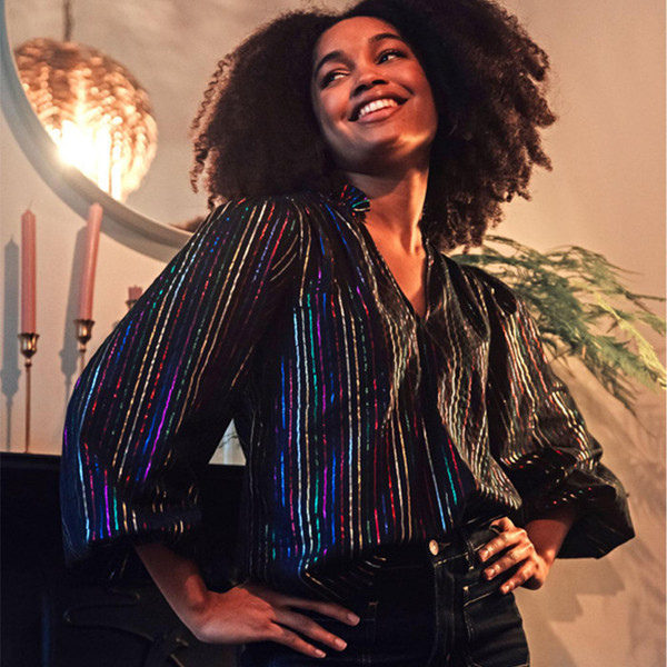 Sugarhill Brighton Electra Shirred Striped Party Top in Black T0866