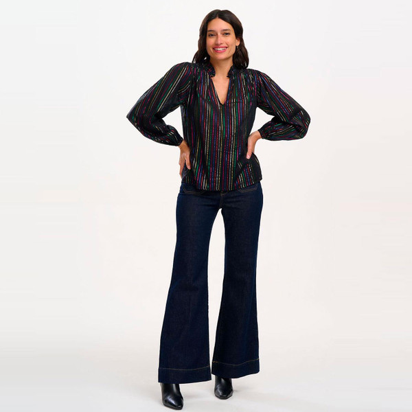 Sugarhill Brighton Electra Shirred Striped Party Top in Black T0866