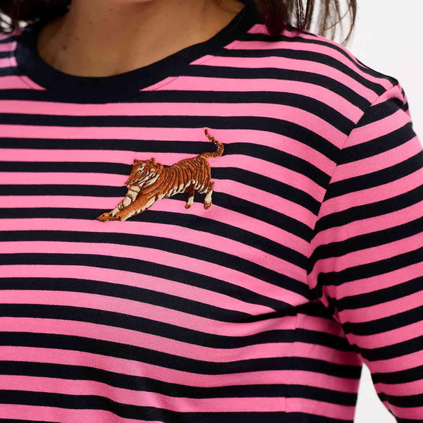 Sugarhill Brunswick Leaping Tiger Retro 1980s Stripe Top in Black Pink T0836
