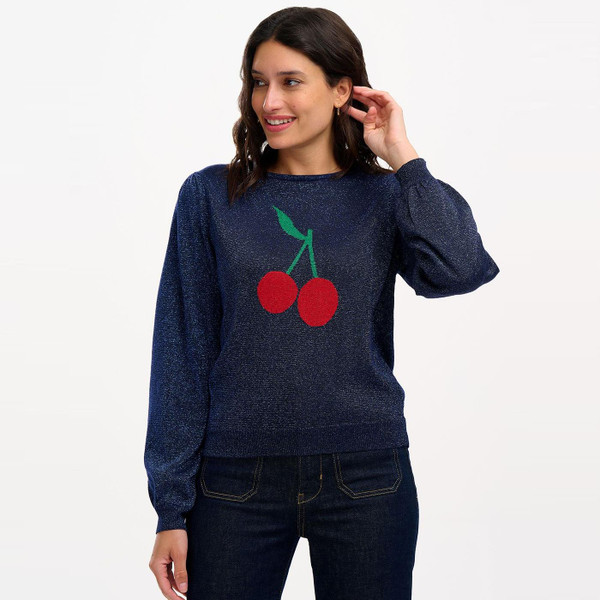 Model Wearing Sugarhill Brighton Tiff Sparkle Cherry Jumper in Navy Blue K0818
