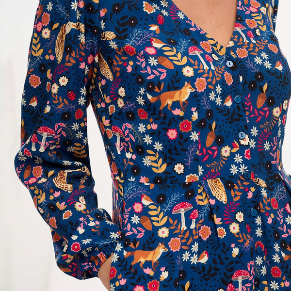 Print on Sugarhill Brighton Bibi Folk Autumnal Mini Tea Dress in Navy D1163