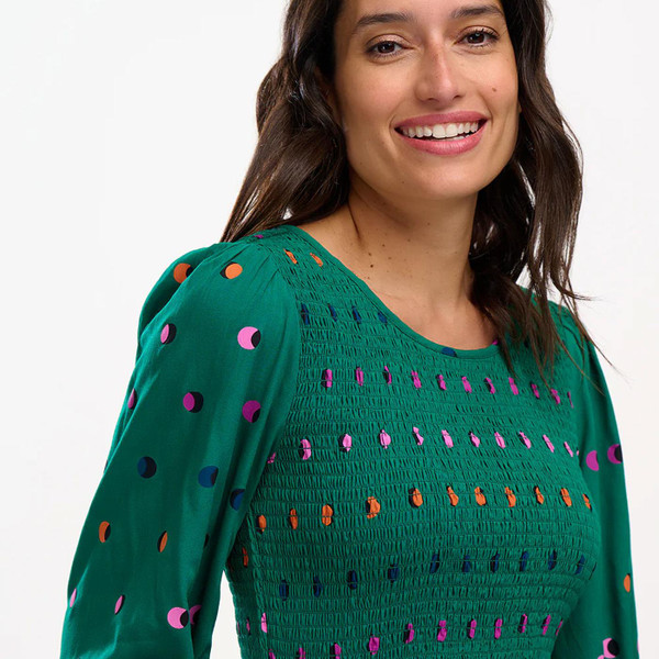 Polka Dot Fabric on Sugarhill Brighton Gretel Rainbow Polka Dot Midi Dress in Green D1162