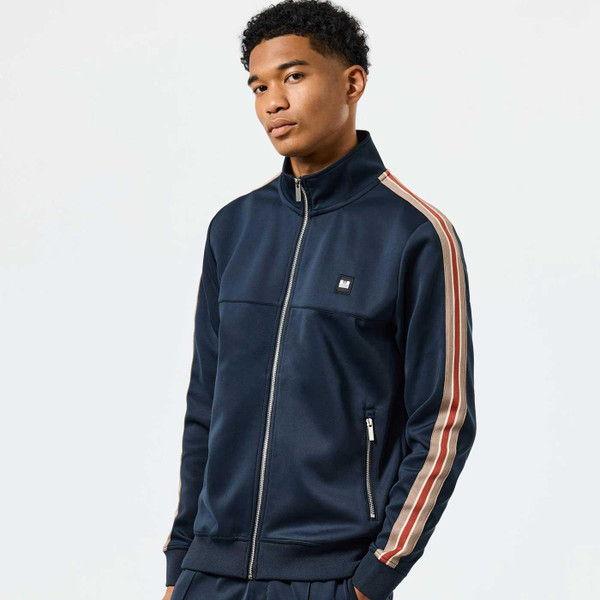 Weekend Offender Sainz Retro Tricot Stripe Taped Sleeve Track Top in Navy
