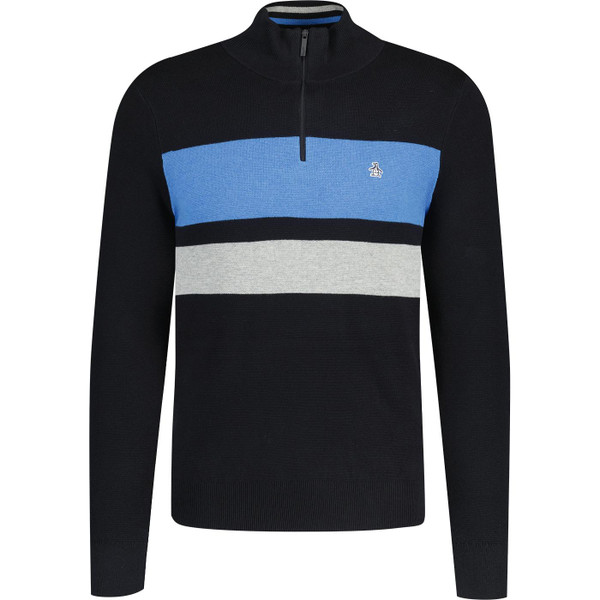original penguin mens 1/4 zip wide chest stripe sweater true black blue original penguin mens 1/4 zip wide chest stripe sweater true black blue