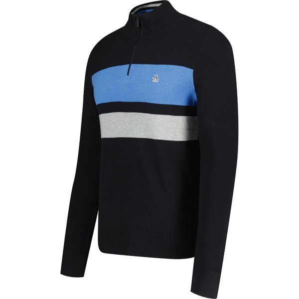 original penguin mens 1/4 zip wide chest stripe sweater true black blue original penguin mens 1/4 zip wide chest stripe sweater true black blue