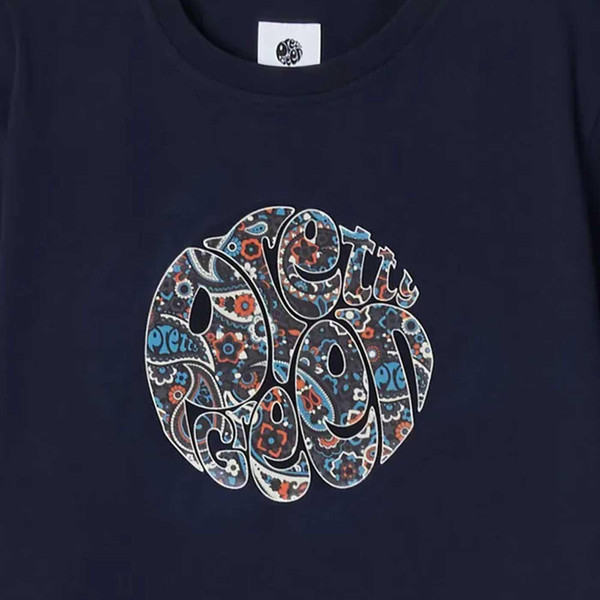 Pretty Green Wonderwall Retro Paisley Logo T-shirt in Navy G24Q3MUJER433