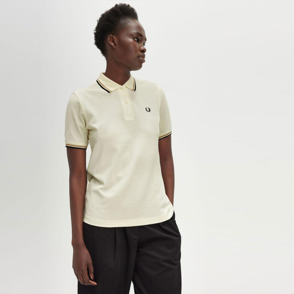 Fred Perry Women's retro twin tipped pique polo in Ecru and Warm Brick and Black