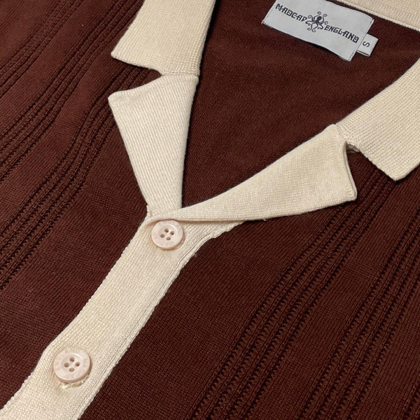 Madcap England Riviera Men's Retro Textured Pinstripe Resort Collar Knitted Shirt in Potting Soil