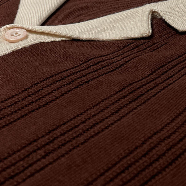 Madcap England Riviera Textured Pinstripe Resort Collar Knitted Shirt in Potting Soil MC1088