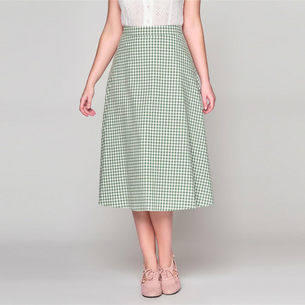 Collectif Women's Hetty Gingham Flared 50s Skirt in Green