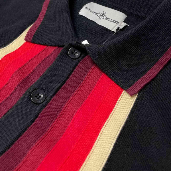Madcap England Jay 1960s Mod Contoured Stripe Knitted Shirt in Black 