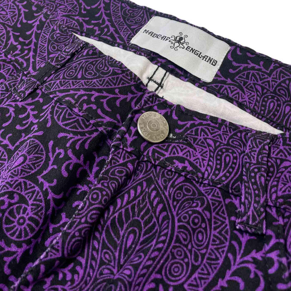 Madcap England Rock Paisley Twill Retro 1970s Bell Bottom Flares in Black and Purple MC1112