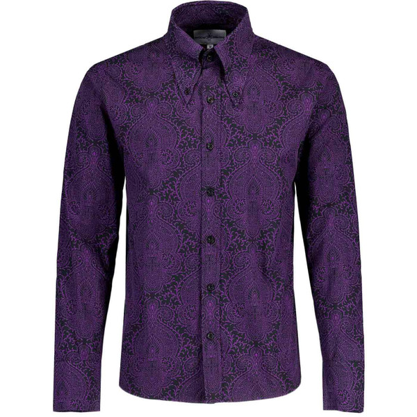 Madcap England Capo Paisley Gangster Collar Button Down Shirt in Black and Purple MC1111