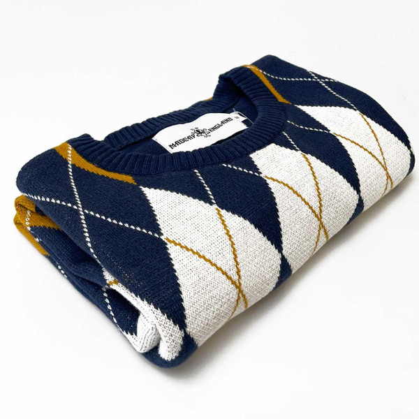 Madcap England Blaine Retro 60s Argyle Knitted T-shirt in Navy Blazer MC1106