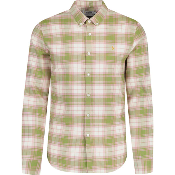 farah vintage mens brewer mod slim fit check oxford long sleeve shirt moss green