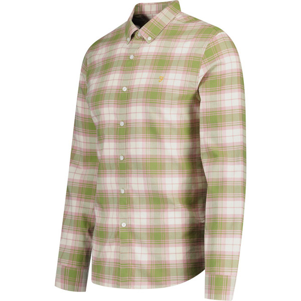 farah vintage mens brewer mod slim fit check oxford long sleeve shirt moss green