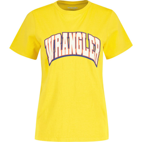 wrangler womens regular fit large logo print varsity crew neck tshirt yellow
