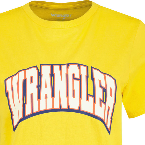 wrangler womens regular fit large logo print varsity crew neck tshirt yellow