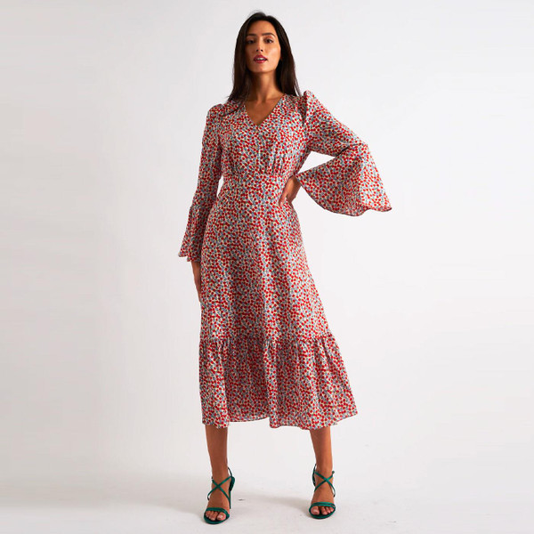 Louche Bathilde Strawberry Fields 70s Flared Sleeve Dress in Red/White