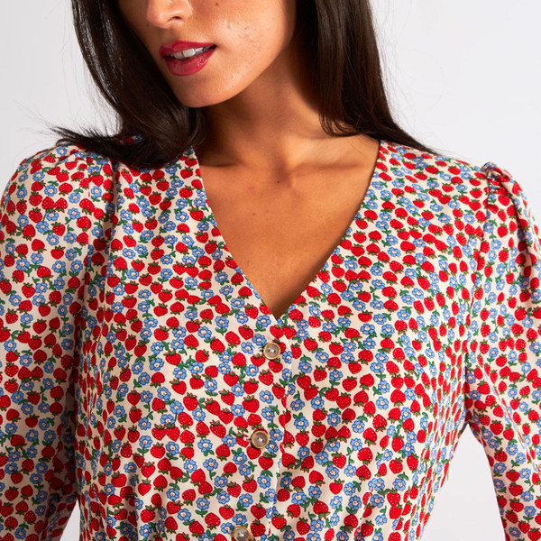 Louche Bathilde Strawberry Fields 70s Flared Sleeve Dress in Red/White