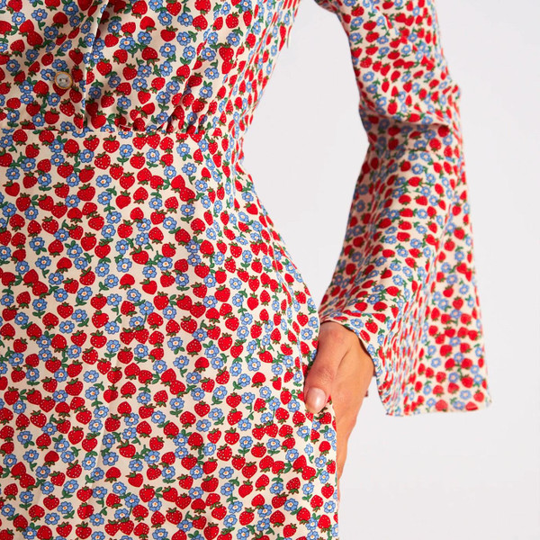 Louche Bathilde Strawberry Fields 70s Flared Sleeve Dress in Red/White