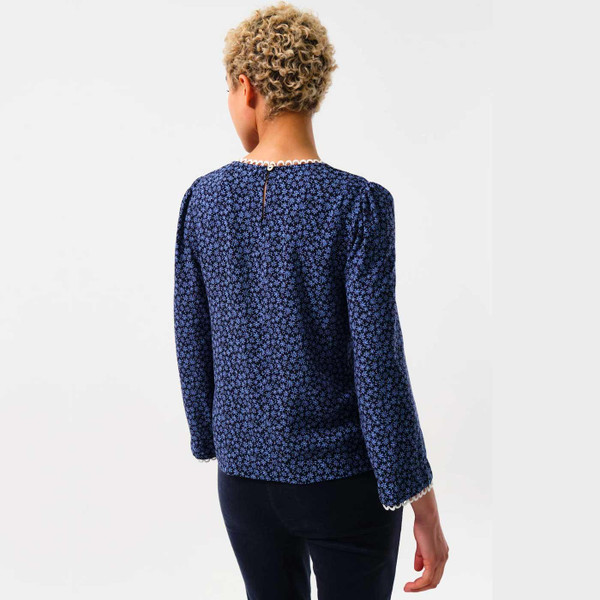 Louche Meggie Daisy Time Lace Trimmed Retro Blouse in Navy