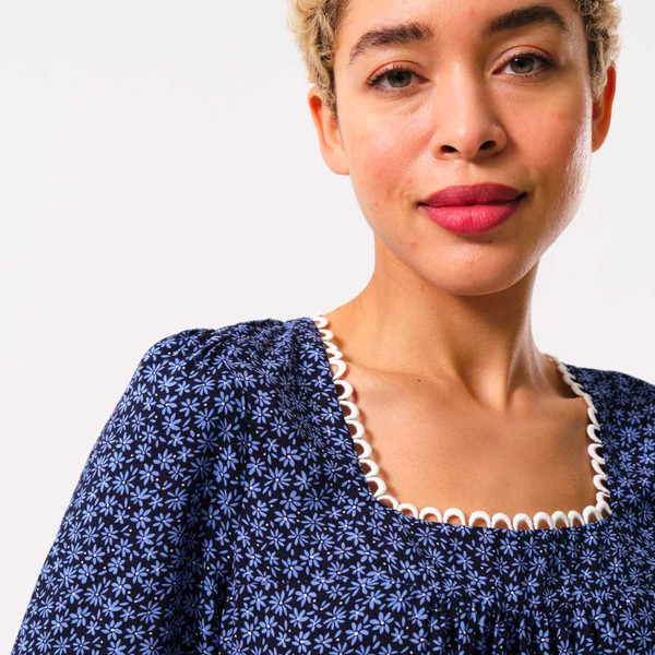 Louche Meggie Daisy Time Lace Trimmed Retro 70s Blouse in Navy