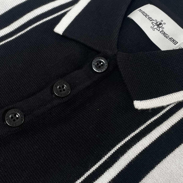 Madcap England Aftermath 60s Mod Stripe Knit Polo Shirt in Black MC256