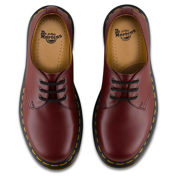 Overhead of Dr Martens 1461 Men's Retro Mod Revival 3 Eyelet Shoes in Cherry Red Smooth Leather