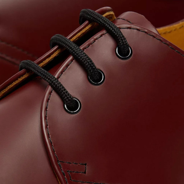 Lace up on Dr Martens 1461 Men's Mod 3 Eyelet Shoes in Cherry Red Smooth Leather
