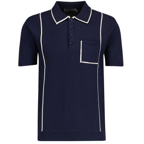 Madcap England Cagney Retro 1960s Knitted Pocket Piping Polo Shirt in Navy Blazer MC1089