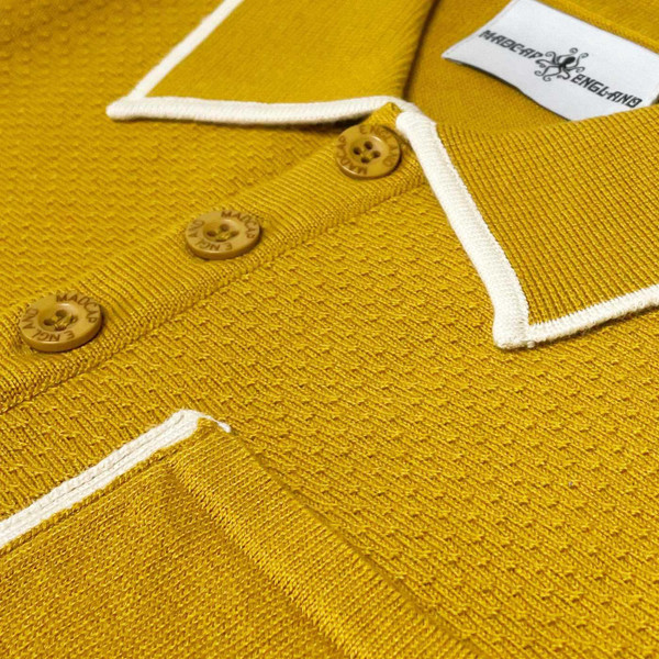 Madcap England Cagney 1960s Mod Knitted Pocket Piping Polo Shirt in Chai Tea 