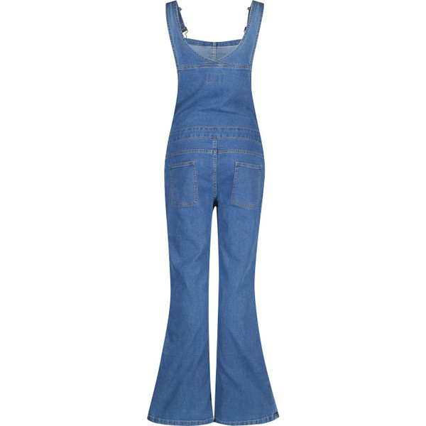Back of Madcap England Women's 70s Retro Skinny Denim Dungaree Flares in Stonewash Blue