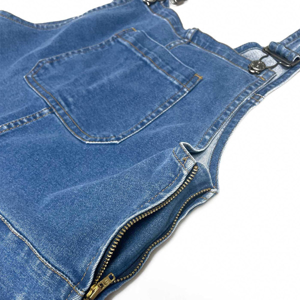 Side zip on Madcap England Women's 70s Retro Skinny Denim Dungaree Flares in Stonewash Blue