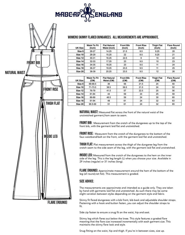Fit and size info for Madcap England Bell Bottom Blues Flared Dungarees in Stonewash Denim MC1090