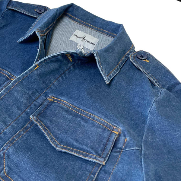 Madcap England Lennon Retro 1970s Military Style Denim Shirt Jacket in Stonewash MC1092