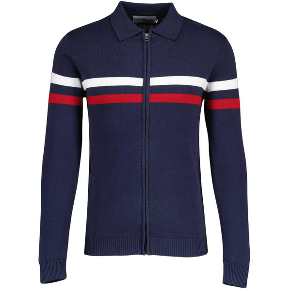 Madcap England Mavers Retro Mod Knitted Chest Stripe Track Top in Navy Blazer
