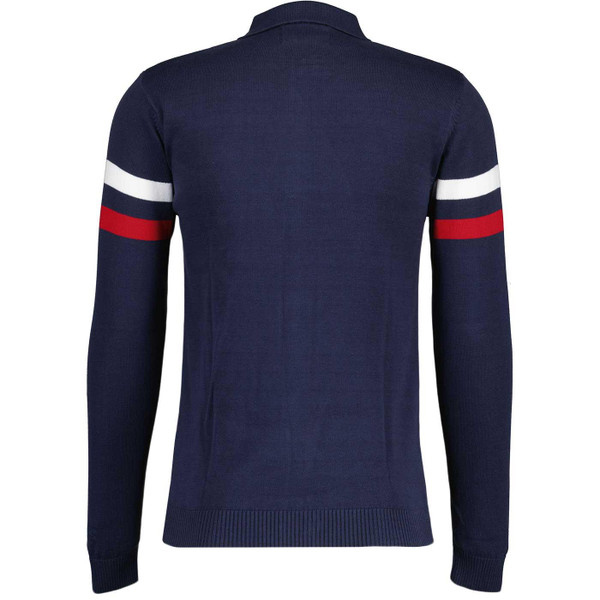 Madcap England Mavers Retro 1970s Knitted Chest Stripe Track Top in Navy Blazer